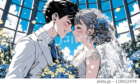 結婚式で見つめ合う新郎新婦：キス