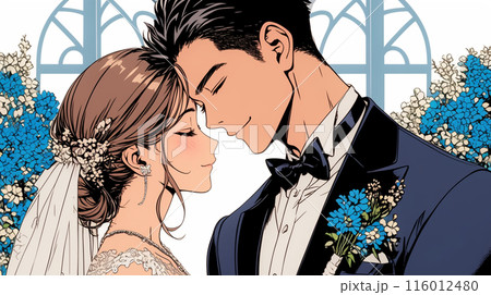 結婚式で見つめ合う新郎新婦：キス