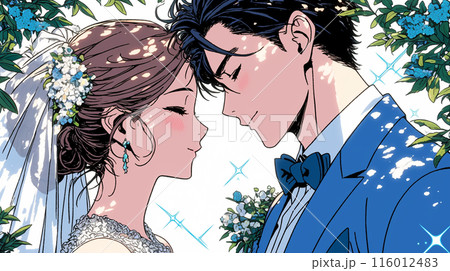 結婚式で見つめ合う新郎新婦：キス