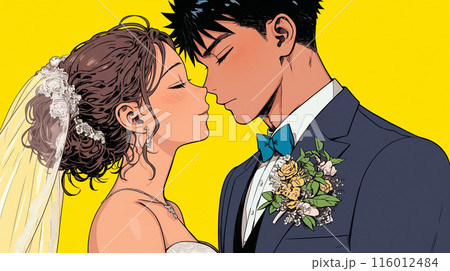結婚式で見つめ合う新郎新婦：キス