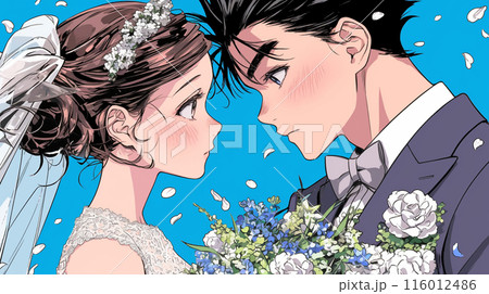 結婚式で見つめ合う新郎新婦：キス