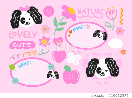 Illustration of cute puppy, flower, happy emoji, name tags, heart, butterfly, apple, cloud, doodles for animal print, pet shop, pet, vet, adopt, rescue, nature, spring, summer, garden, sticker, floral 116012575