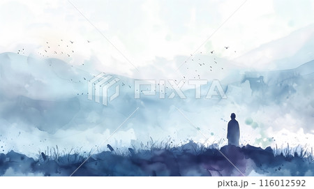 Abstract Background - A solitary figure stands in a misty landscape, surrounded by blue hues and distant birds in flight	 116012592