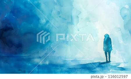 Abstract Background - A solitary figure stands in a tranquil, blue-toned watercolor scene, evoking feelings of calm and solitude 116012597