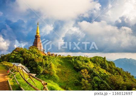 Beautiful landscape aerial view of Doi Inthanon in evening time with blue sky background buddhist stupa landmark tourism at Chiang Mai of north Thailand. 116012697