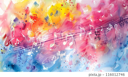 Abstract Background - A vibrant abstract watercolor with musical notes, blending pink, yellow, and blue hues 116012746