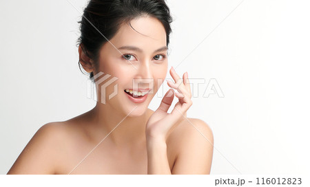 Beautiful young asian woman with clean fresh skin on white background, Face care, Facial treatment, Cosmetology, beauty and spa, Asian women portrait. Beautiful young asian woman with clean fresh skin on white background, Face care, Facial treatment, Cosmetology, beauty and spa, Asian women portrait. 116012823