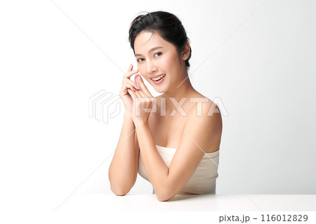 Beautiful young asian woman with clean fresh skin on white background, Face care, Facial treatment, Cosmetology, beauty and spa, Asian women portrait. 116012829