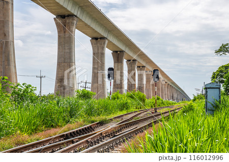 Elevated railway for high-speed trains with ordinary tracks underneath. Elevated railway for high-speed trains with ordinary tracks underneath. 116012996