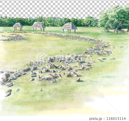 Landscape with stone circle, white background 116013114