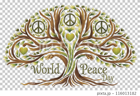 World Peace Day template featuring a tree with branches forming peace symbols and heart shapes. 116013182