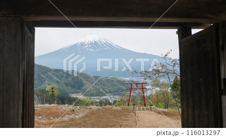 Gate to red torii of Asama Shrine with mt. fuji, Kawaguchiko lake 116013297