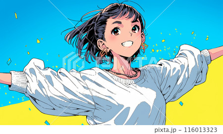 嬉しくて楽しくて飛び跳ねている若い女性