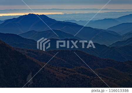 奥秩父・甲武信岳の登りから見る三頭山と光る東京湾 116013386