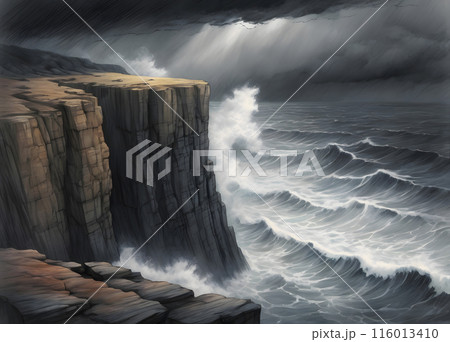 Lonely, alone, Looking out over a turbulent sea  116013410