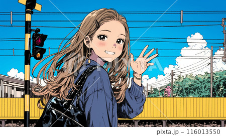 手を振って挨拶している若い女性