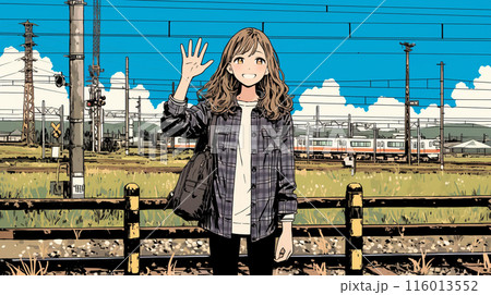 手を振って挨拶している若い女性