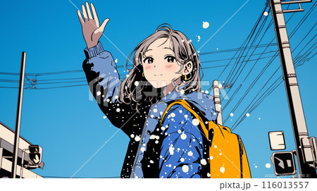 手を振って挨拶している若い女性
