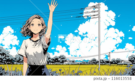 手を振って挨拶している若い女性
