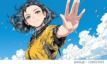 手を振って制止している若い女性