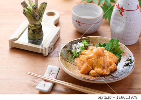 和皿に盛り付けた雲丹と日本酒 和皿に盛り付けた雲丹と日本酒 116013979