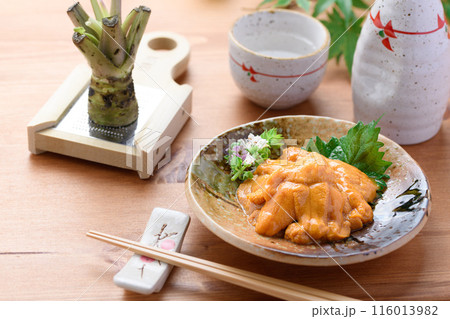 和皿に盛り付けた雲丹と日本酒 116013982