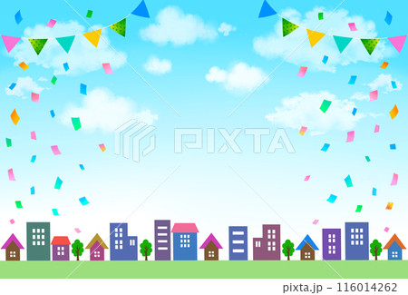 夏のイベント背景　街並みと紙吹雪とガーランド 116014262