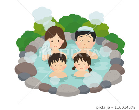 温泉に入る4人家族のベクターイラスト 温泉に入る4人家族のベクターイラスト 116014378