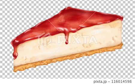 Fresh cheesecake with strawberry jam layer. Sweet dessert, homemade cakes. The exquisite delicacy is perfect for cooking recipes, cafe menus and dessert books. Digital Isolated Illustration 116014598