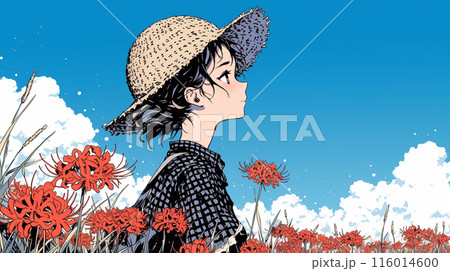 彼岸花がたくさん咲く小道を歩く若い女性