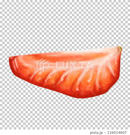 A juicy red half of a strawberry with a twig. Ripe berry for snacks, culinary dishes, milkshakes, cocktails, ice cream, jam. A natural dessert from a farmer's harvest. Isolated digital illustration A juicy red half of a strawberry with a twig. Ripe berry for snacks, culinary dishes, milkshakes, cocktails, ice cream, jam. A natural dessert from a farmer's harvest. Isolated digital illustration 116014607