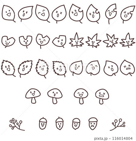 いろんな表情をした様々な形の葉っぱとキノコとドングリのイラストセット 116014804