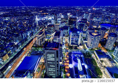 横浜市、ランドマークタワー展望フロアから眺めるみなとみらいの夜景 116015037