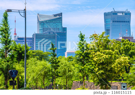 日本の東京都市景観 昨年開業の虎ノ門ヒルズステーションタワーや虎の門ヒルズなどを望む。左に東京タワー 116015115
