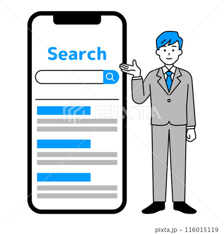 大きいスマートフォンと検索を案内するスーツの男性 116015119