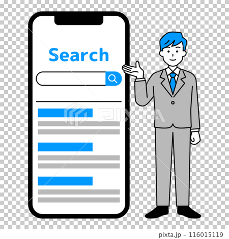 大きいスマートフォンと検索を案内するスーツの男性 116015119