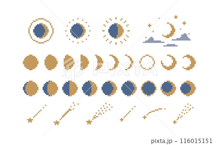 ドット絵　シンプルで可愛い月と流れ星のイラスト装飾セット　月の満ち欠け　月齢　満月　三日月　ピクセル 116015151