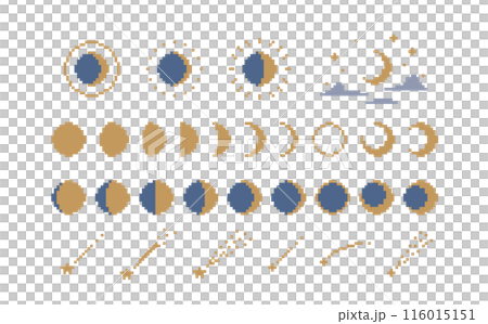 Dot art: Simple and cute illustration decoration set of the moon and shooting stars. Moon phases, lunar age, full moon, crescent moon, pixel 116015151
