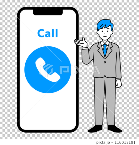 A man in a suit and a large smartphone with a phone symbol on it 116015181