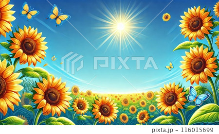 光り輝く太陽とひまわり畑 116015699