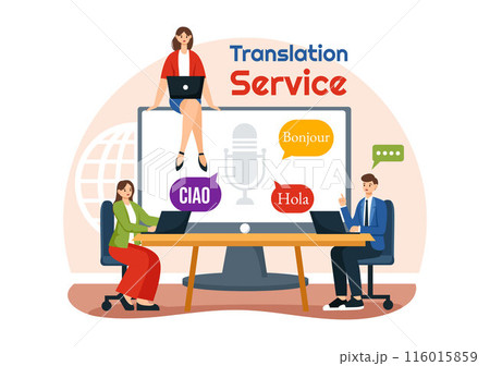 Translator Service Vector Illustration with Language Translation for Various Countries and Multilanguage Using Dictionary in a Flat Cartoon Background Translator Service Vector Illustration with Language Translation for Various Countries and Multilanguage Using Dictionary in a Flat Cartoon Background 116015859