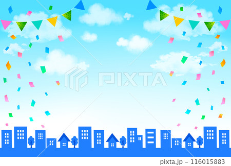 夏のイベント背景 街並みと紙吹雪とガーランド 夏のイベント背景 街並みと紙吹雪とガーランド 116015883
