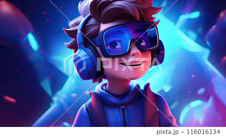 3d boy character with headphones and neon lights.AI-generated item 116016134