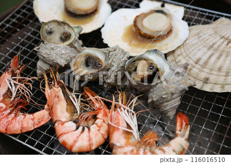 炭火で海鮮を焼く様子 116016510