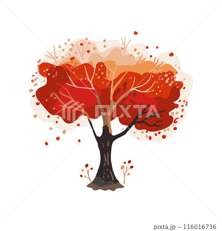 Minimalistic tree with red leaves. Tender watercolor autumn. Hand drawn. Flat vector illustration. 116016736