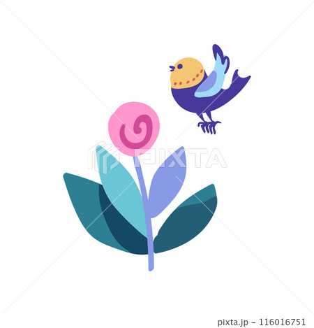 Minimalist graphic featuring a branch with a pink flower and a bird. Simple and elegant design suitable for various decorative purposes 116016751