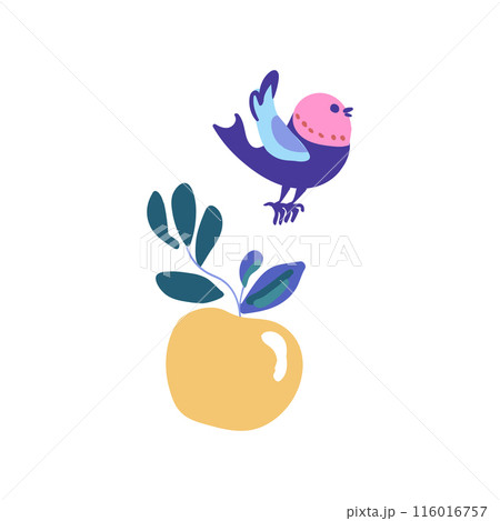 Yellow apple on a branch with a bird, depicted in a charming folklore style. The design is colorful and whimsical 116016757