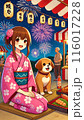 夏祭りを楽しむ女の子と犬 116017228