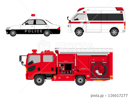 緊急車両のパトカーと救急車と消防車 116017277