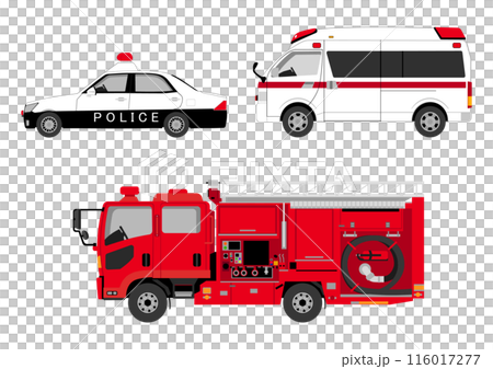緊急車両のパトカーと救急車と消防車 116017277